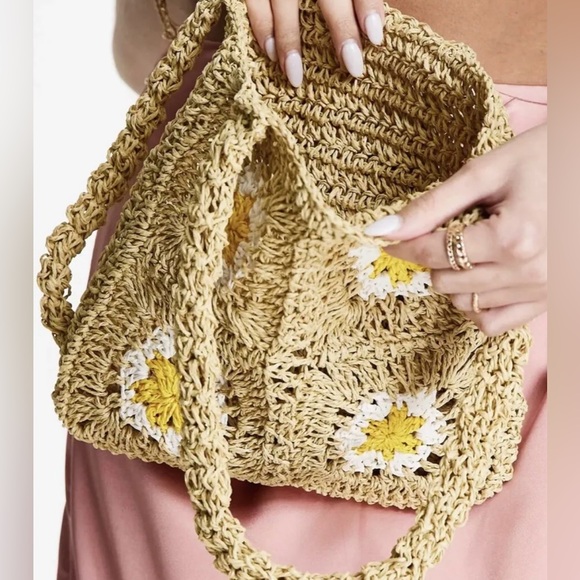 ASOS design woven handmade straw shoulder/ tote granny bag in natural NWT Boho - Picture 3 of 6